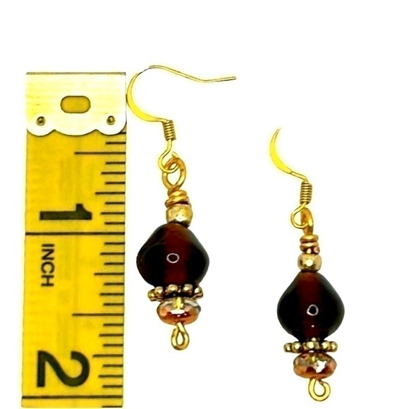 Handmade Brown/Amber Glass/Metal Dangle Earrings - Picture 4 of 4